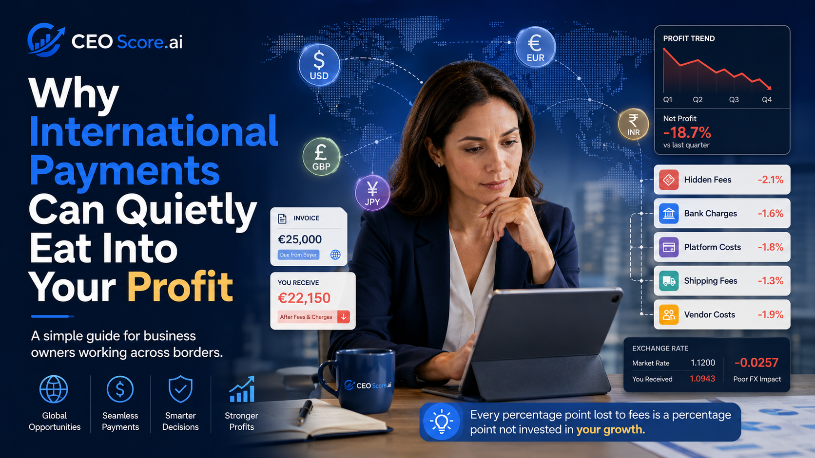 Business owner reviewing international payments exchange rates hidden fees and profit loss using CEO Score