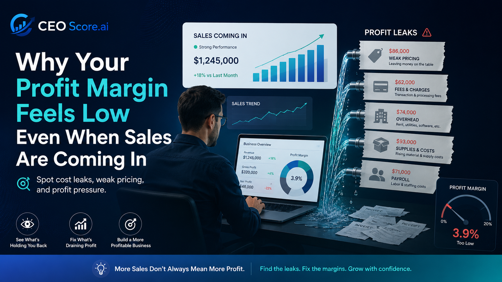 Business graphic showing low profit margin rising costs hidden expenses and profit leaks reducing what a business keeps